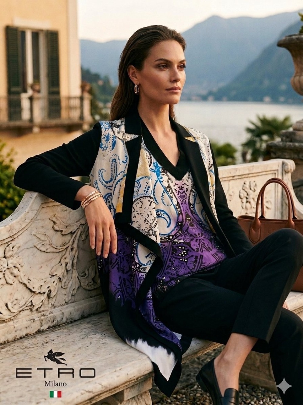 Etro Milano 2-Piece Set 100% Silk & Virgin Wool geometric Tunic & Draped Jacket
